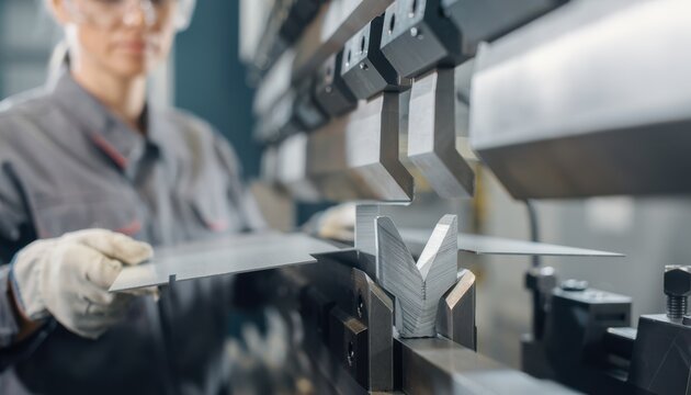 A worker operates a metal press brake machine to bend a sheet of metal precisely in an industrial setting.