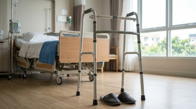 A hospital room with a bed, walker, and slippers, bathed in natural light from a large window.