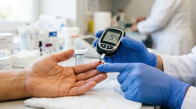 A healthcare professional wearing blue gloves measures a patient's blood sugar level using a glucometer in a clinical setting.
