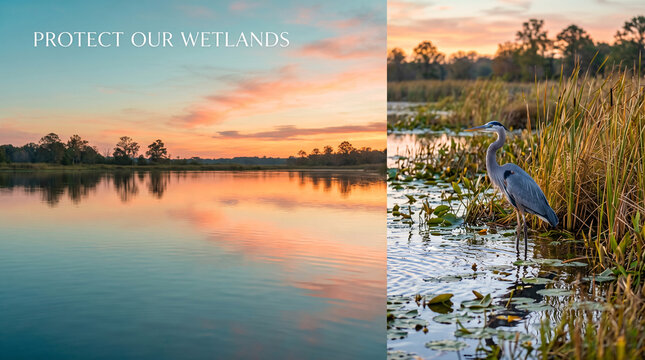 A great blue heron stands in a calm wetland during a colorful golden sunset sky with surrounded aquatic plants shallow wetland water conservation biodiversity environment