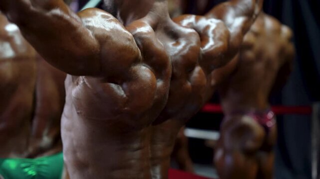 Muscular bodybuilder flexes defined back muscles, deltoids, and lats with competition tan under dramatic backstage lighting, showcasing peak athletic physique. 4K video.