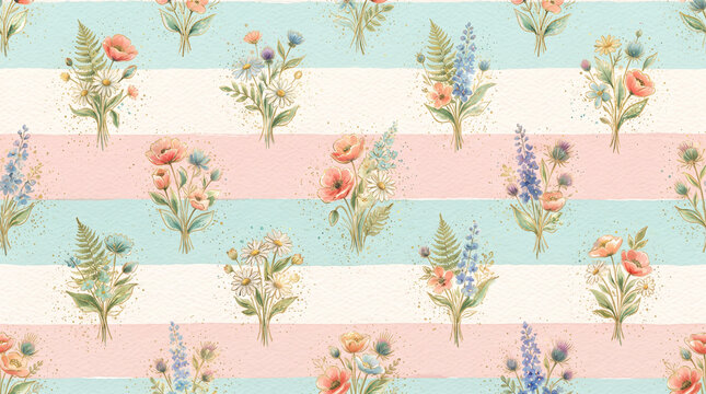 Watercolor seamless pattern with wildflowers and ferns on a striped background of pastel blue, pink, and cream colors