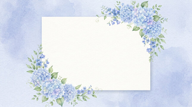 Watercolor floral frame with blue hydrangea flowers and leaves, elegant botanical border for wedding invitation or greeting card design
