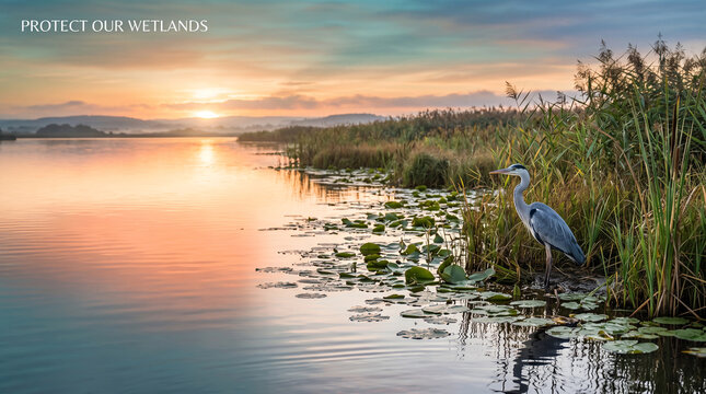 Grey heron standing among reeds in a calm lake during a colorful golden sunrise with lake surrounded lily heron stands near pads tall reeds near edge conservation environment