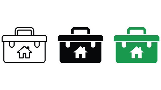 Three variations of a toolbox featuring a house symbol, presented in outline, solid black, and solid green styles on a white background