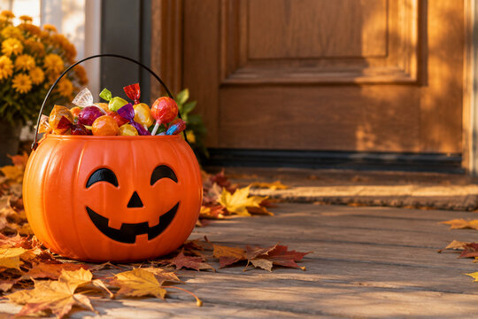 Orange plastic jack-o'-lantern trick-or-treat pail full of colorful wrapped candies and lollipops on a doorstep with autumn leaves, copy space