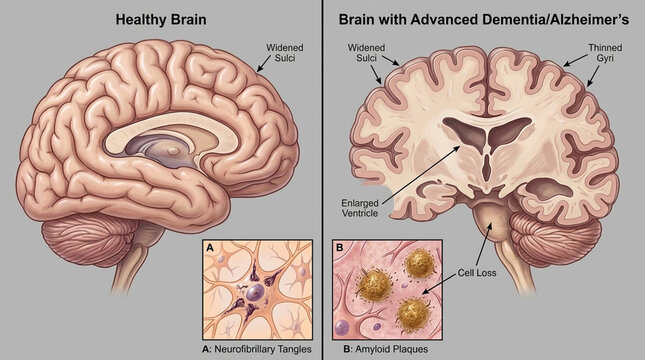Healthy Brain vs Brain with Advanced Dementia Alzheimers Medical Illustration