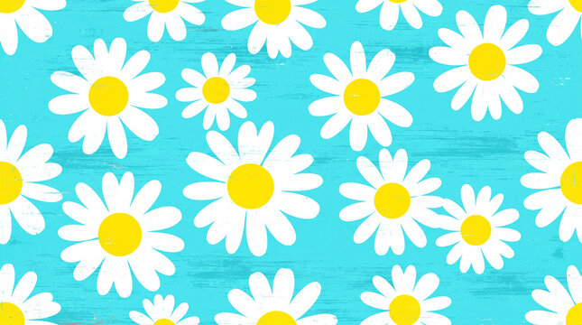 Seamless pattern with white daisy flowers on a bright turquoise blue rustic wooden background, floral spring or summer wallpaper design