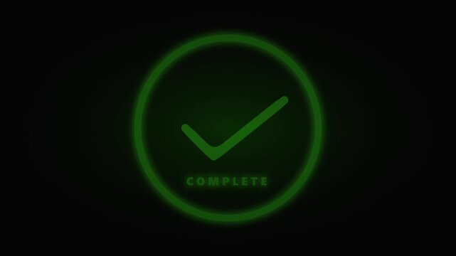 Green neon circle loading animation finishing with a checkmark and complete text