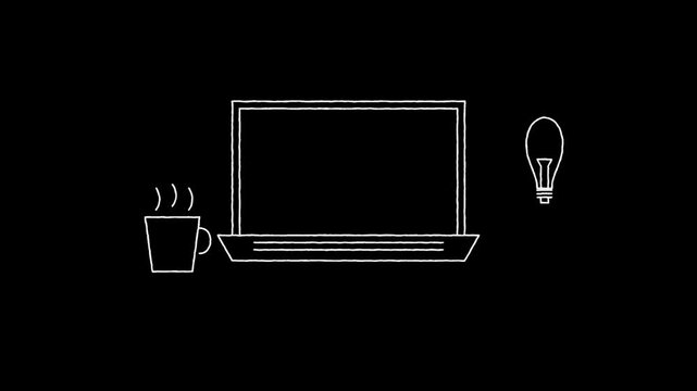 White hand drawn sketch animation of laptop computer coffee cup and lightbulb icon