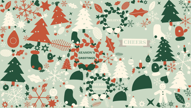 Festive christmas wallpaper with repeating patterns of pine trees and holly wreaths on soft green holiday background winter design seasonal pattern