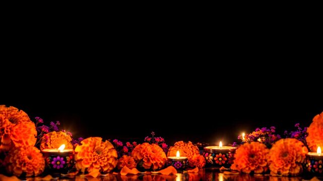 Diwali diyas and marigold flowers on black background with copy space