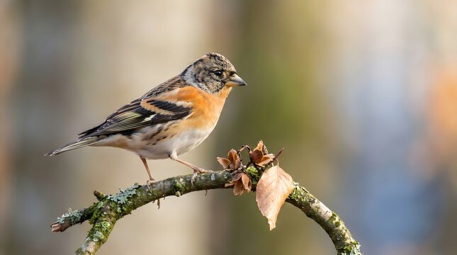 Brambling perched on a mossy tree branch with brambling wildlife woodland outdoors environment portrait songbird passerine migration ornithology creature daylight background