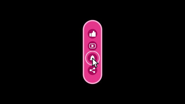 YouTube subscribe, like, bell, and share buttons icon animation on a black background Vertical social media engagement menu with action icons and cursor button interaction click mouse interface button
