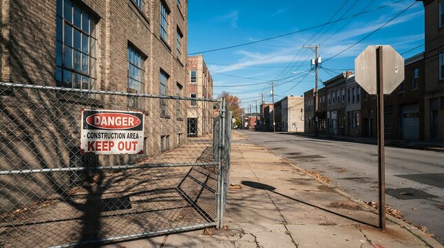 Urban decay and industrial decline, a desolate city street with an abandoned brick building, chain link fence, and a prominent 'DANGER CONSTRUCTION AREA KEEP OUT' sign