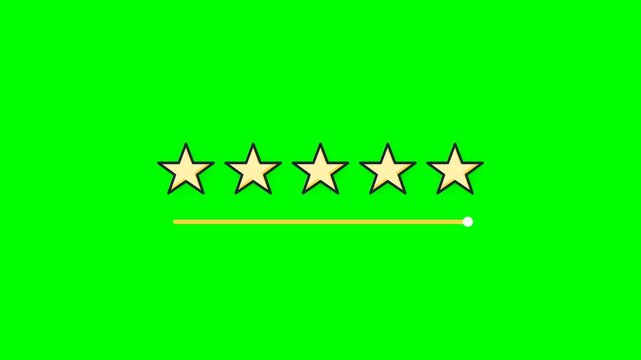 Clean flat vector star rating animation showing a sequential evaluation process with five stars activating through a moving signal on a green screen background. Suitable for customer reviews, product