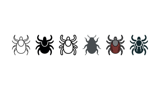 Set of six tick icons showing different graphic styles for pest control illustrations
