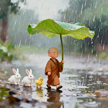 Little Monk Holding Lotus Leaf in Rain