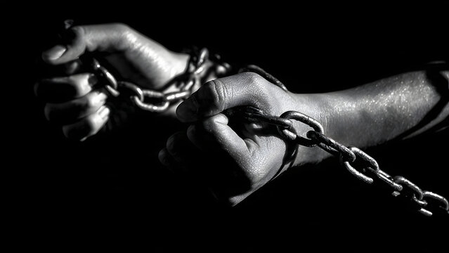 Dramatic monochrome image of human hands bound in heavy metal chains representing captivity and struggle