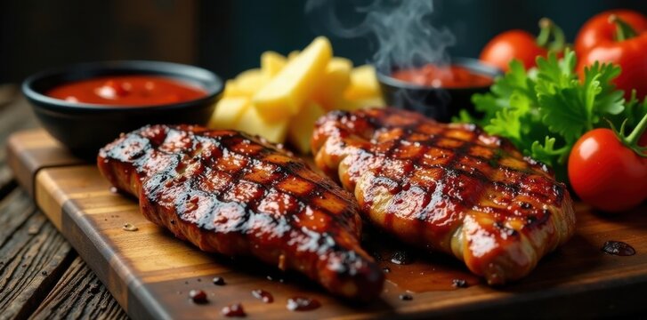 Grilled meats, veggies, & sauces on rustic table Abundant BBQ feast , grilled, overhead