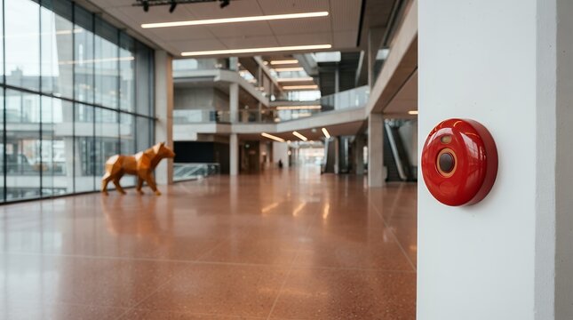 Red emergency alarm button on a white wall in a modern office building, a safety device for urgent situations, fire alarm system, security alert.