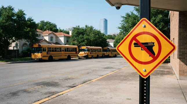 Gun-free school zone warning sign, yellow no weapons prohibited sign on campus, school bus fleet parked outside educational building for safety