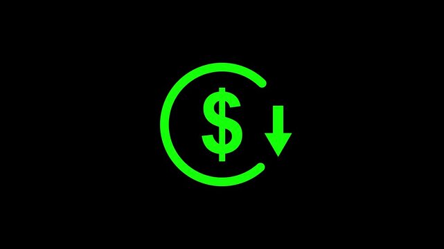 Money reduction icon. Dollar Currency Symbol with Downward Arrow Icon, Financial Loss, Decrease, Price Drop and Money Reduction Concept. Alpha channel 4k