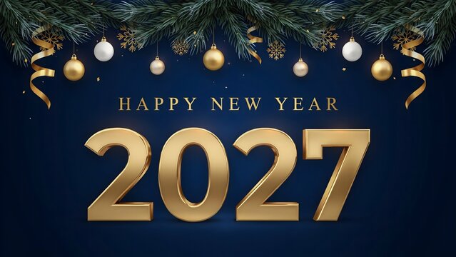 Happy New Year 2027 luxurious festive design featuring large golden numbers evergreen foliage Christmas ornaments and elegant dark background celebrating new beginnings