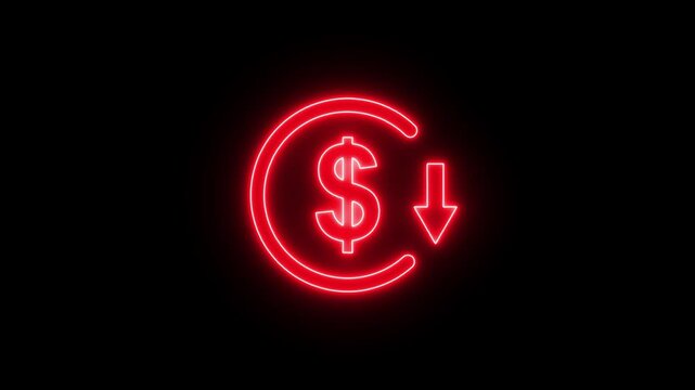 Glowing neon sign Dollar Currency Symbol with Downward Arrow Icon, Financial Loss, Decrease, Price Drop and Money Reduction Concept. Money reduction icon. 4k animation