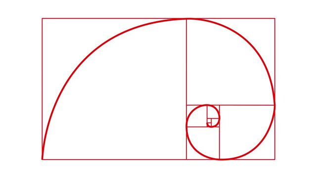 Golden ratio transparent video - The Fibonacci Sequence animated with lines shape. White golden ratio spiral geometric diagram constructed with squares and arcs, perfectly centered on green backgroun.