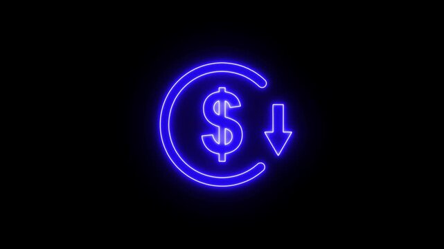 Glowing neon sign Dollar Currency Symbol with Downward Arrow Icon, Financial Loss, Decrease, Price Drop and Money Reduction Concept. Money reduction icon. 4k animation