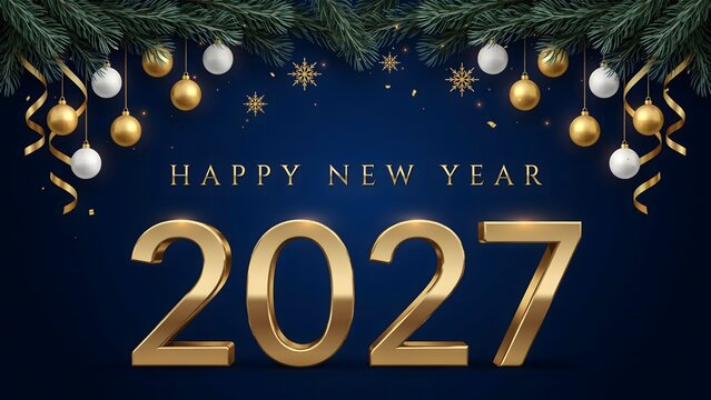 Happy New Year 2027 elegant holiday banner featuring golden typography evergreen branches ornaments and dark blue background celebrating festive seasonal celebrations