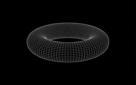 A 3D wireframe torus shape rendered in white lines against a solid black background, showing a geometric donut structure with a grid mesh surface