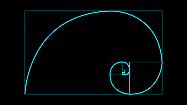 Golden ratio transparent video - The Fibonacci Sequence animated with lines shape. White golden ratio spiral geometric diagram constructed with squares and arcs, perfectly centered on green backgroun.