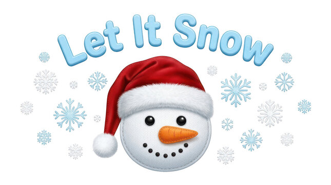 Cute snowman head with santa hat and let it snow text isolated on transparent background