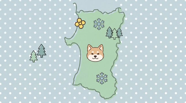 Cute illustrated map of Akita Japan with Akita inu dog face and polka dot background
