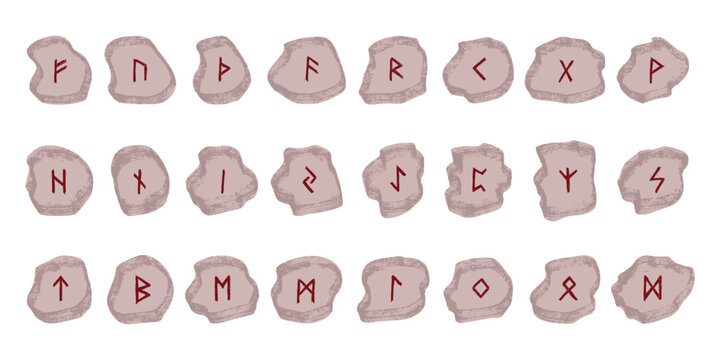 Set of hand drawn viking runes Rune stones with ancient norse alphabet characters engraved on them Scandinavian futhark germanic celtic Single element for design, print, web, decor