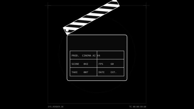 Cinematic clapperboard line art animation on a seamless black