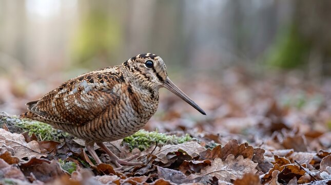 A camouflaged woodcock foraging among fallen leaves on the forest floor with woodcock foraging camouflage woodland wildlife feathers creature seasonal environment watching textured