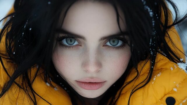 Close-up of a woman's face in a yellow jacket, eyes intense, hair with snow