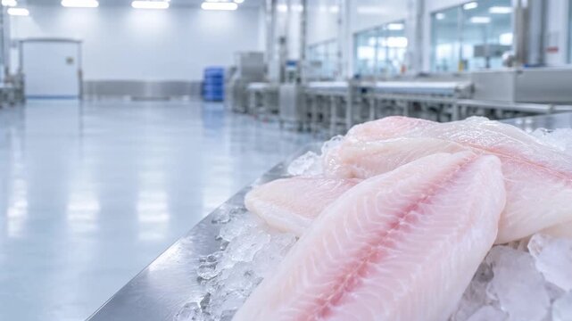 Fresh white fish fillets on ice in seafood processing facility with copy space