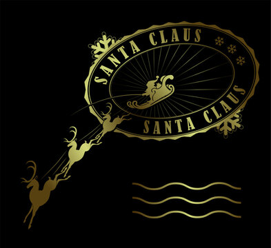 Merry Christmas. Gold oval seal with Santa Claus in a sleigh with reindeer