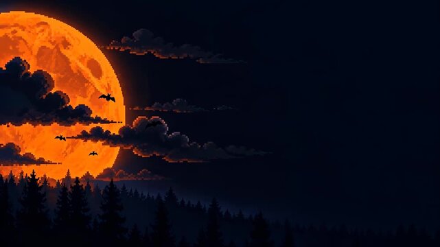 8 bit Halloween full moon with flying bats over forest, animation with copy space