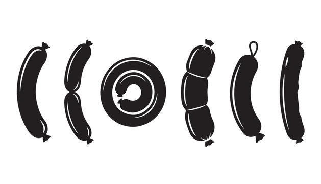 black color silhouette set of six sausage vector illustration, solid white background
