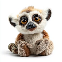 Fototapeta premium Adorable Fluffy Lemur Plush Toy With Large Amber Eyes Sitting On A Clean White Background Studio Shot