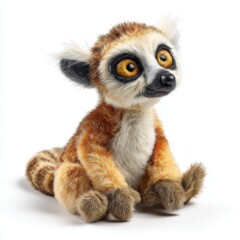 Fototapeta premium Adorable Stuffed Lemur Toy With Big Golden Eyes Sitting Isolated On A Crisp White Studio Background