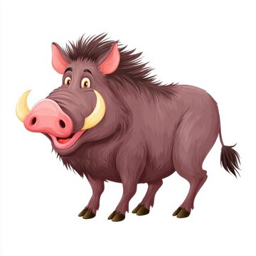 Cartoon Illustration Of A Happy Brown Warthog With Large Tusks Isolated On A Plain White Background