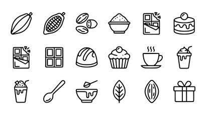 Fototapeta premium Cacao cocoa and chocolate icon set with beans dessert drink and confectionery editable vector