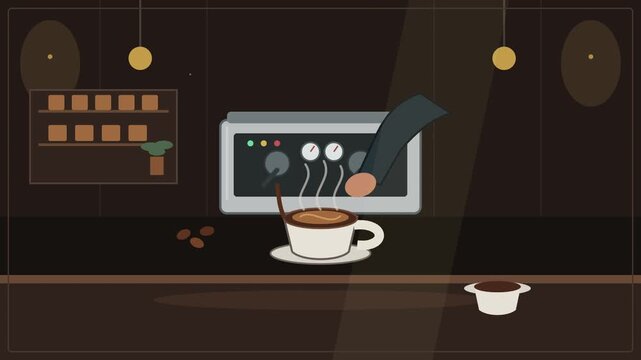 Espresso machine brewing hot coffee into a cup on a bar counter with rising steam in this looping animated video footage