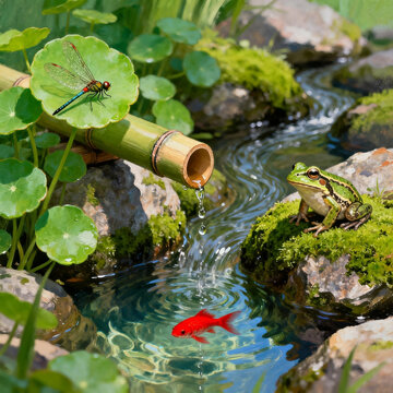 Oil Painting of Quiet Bamboo Water Pond